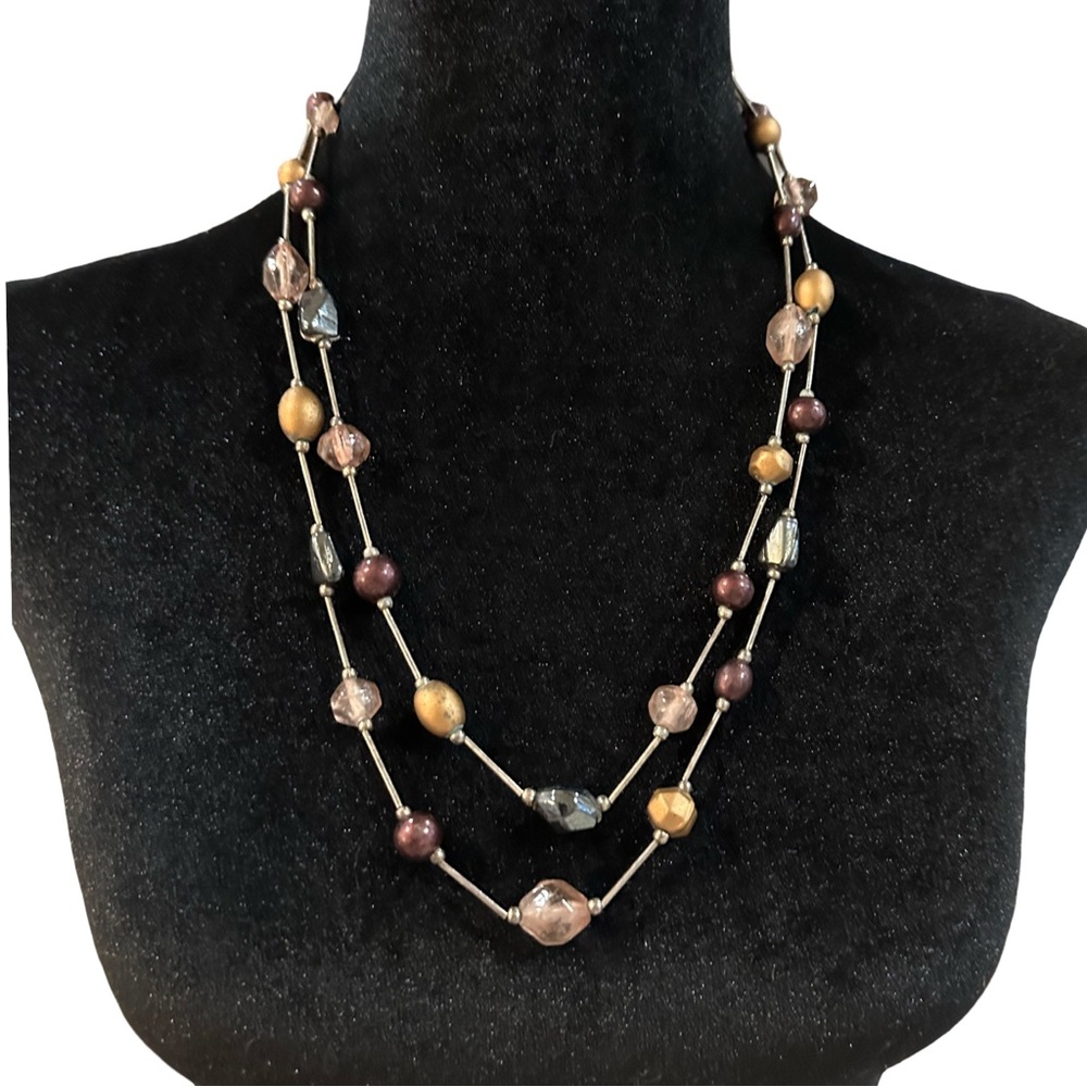 Vintage Double Strand Necklace Mixed Beads Silver Green Gold Purple Adjustable L